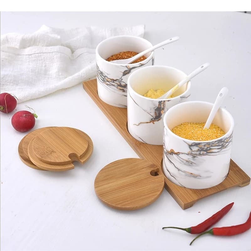 Ceramic seasoning jar 3piece/set and tray spice rack salt pepper kitchen tools keuken hulpjes cooking