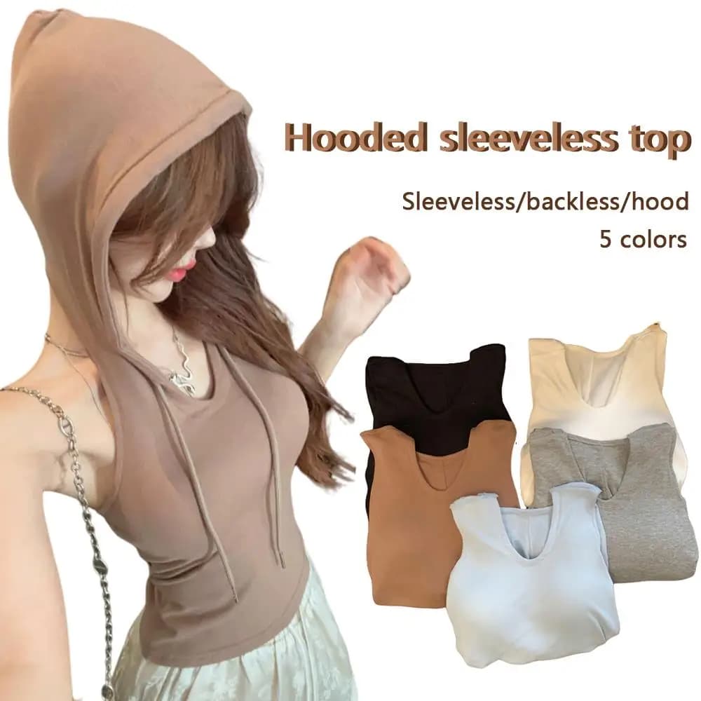 Gilet senza maniche Top con cappuccio T-shirt con scollo a V all'esterno con imbottitura sul petto T-shirt alla moda stile corto senza schienale piccante da donna