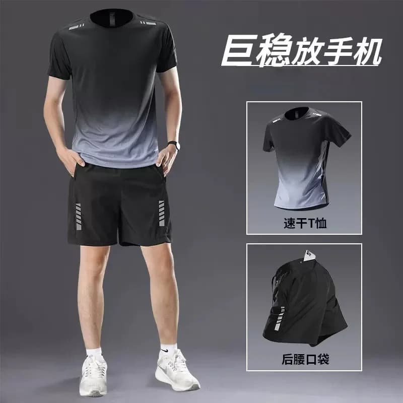 Running sportswear for men-shorts with pockets for mobile phones,summer quick-drying short-sleeved t-shirt,fitness training suit