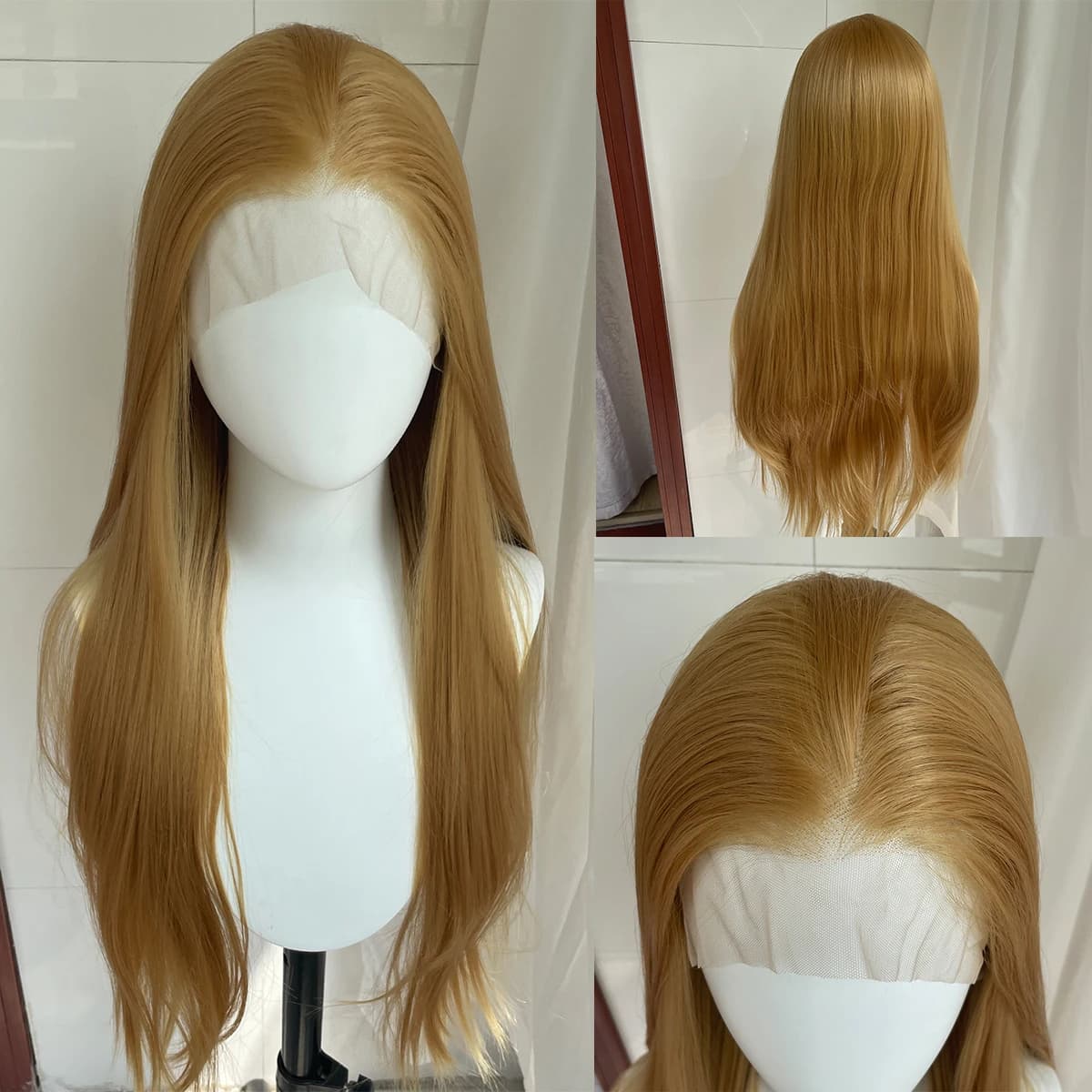 Gold Blonde Long Straight 13x4 Synthetic Lace Front Wig for Women 26 Inch Glueless Wig Half Hand Tied 150% Density Medium Cap