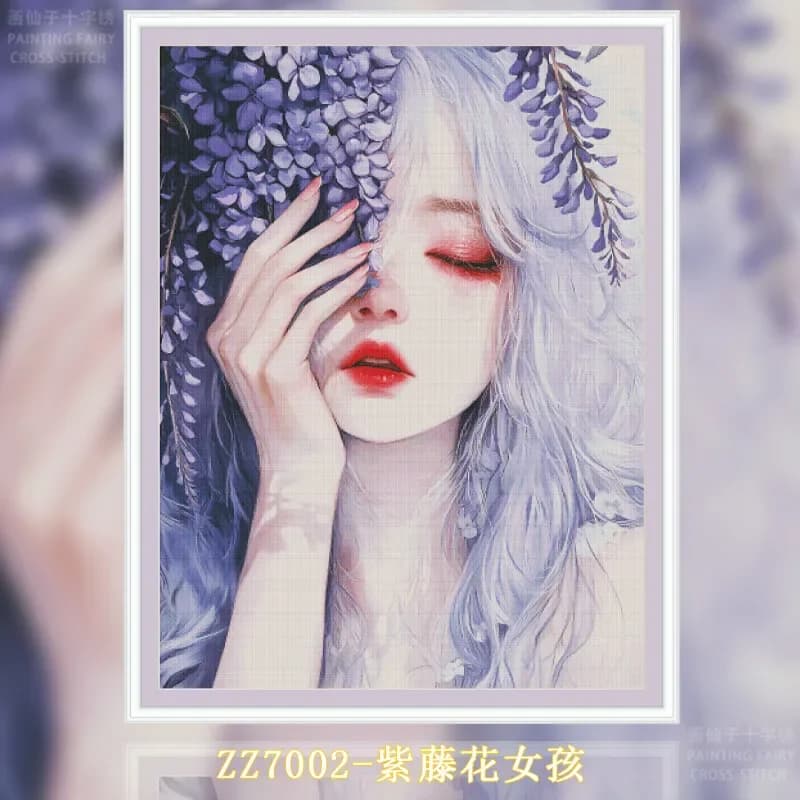 [ZZ7002- Wisteria Flower Girl] DIY Stamped Cross Stitch Kit for Adults 11CT 14CT 16CT Printed Canvas Embroidery Craft Needlework