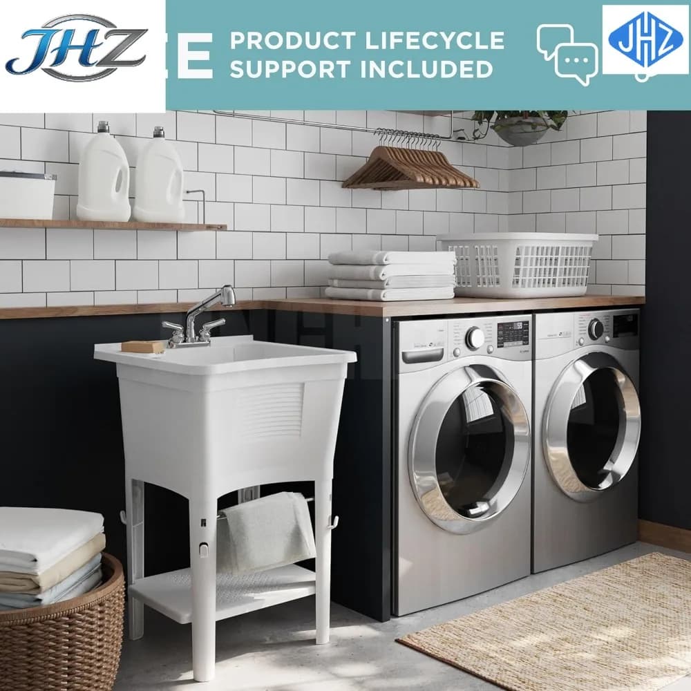 JHZ for NEW White,Sink with Faucet,24"Dx24"W– Freestanding Laundry Tub Deep Shop Sink w/Pull-Out Faucet,Towel Bar&Scrub Board