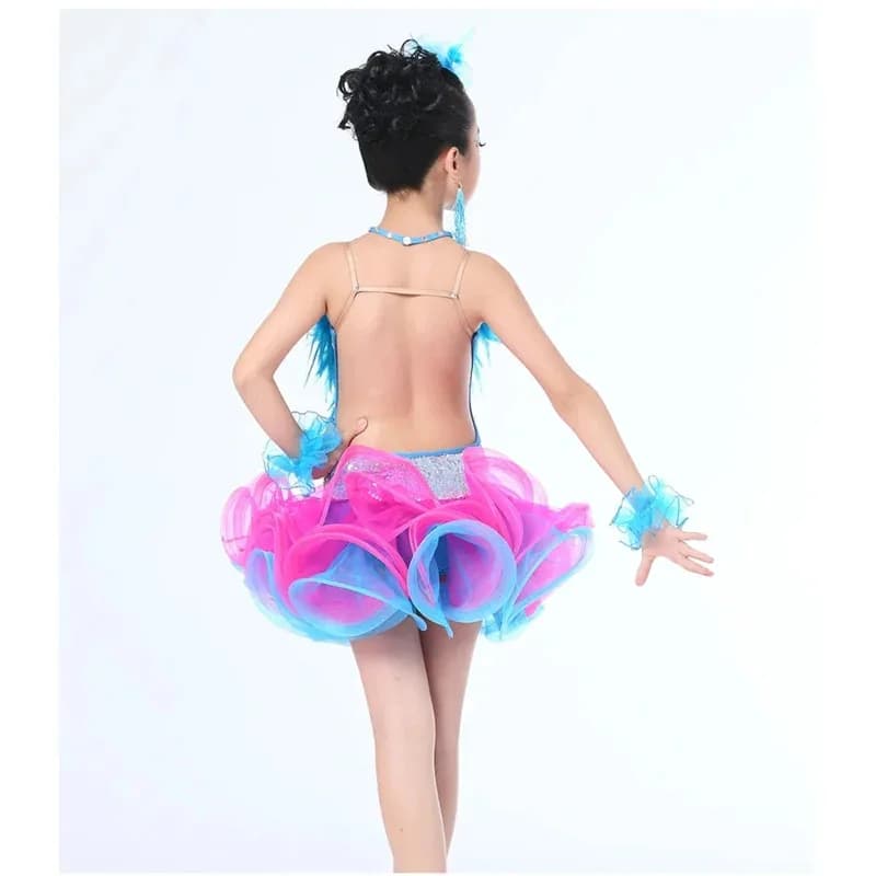 1 set/lotto Bambini Vestito da ballo latino professionale per ragazze Concorso di ballo da sala Abiti con piume di paillettes GD2025