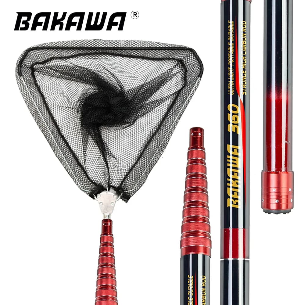 BAKAWA Rete da pesca pieghevole Guadino telescopico 4m3.6M Strumenti per mosche in fibra di carbonio per carpa Accessori per guadino per immersione a mano in mare