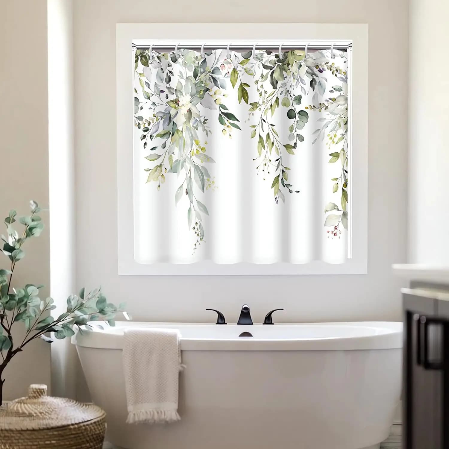 Shower curtain with eucalyptus green watercolor, waterproof cover for bathroom window with hooks, 40x36 inch