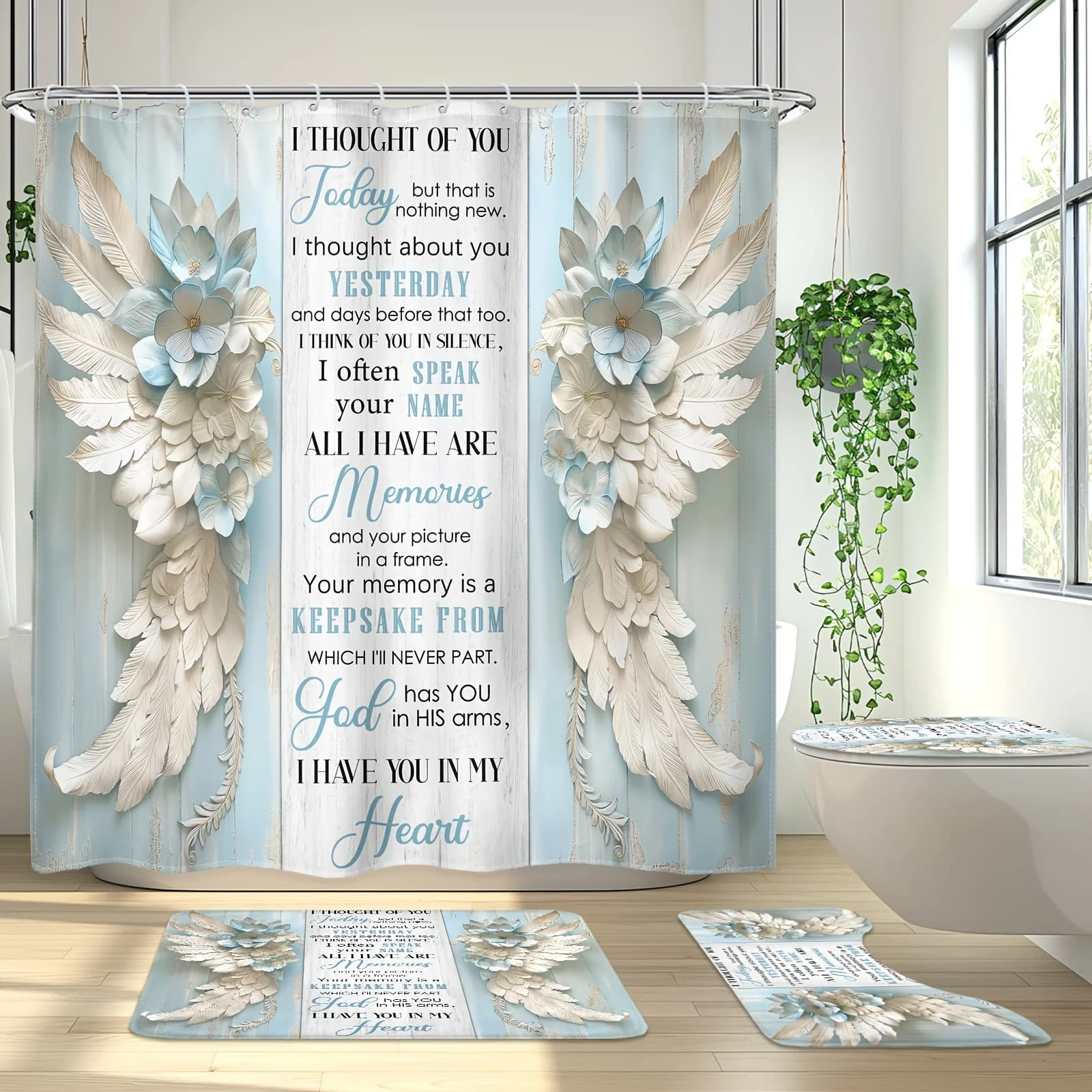 Angel Wings Inspirational Bathroom 4-Piece Set: Shower Curtain, Bath Mat, Toilet Cover, and Tank Cover – Elegant Home Decor