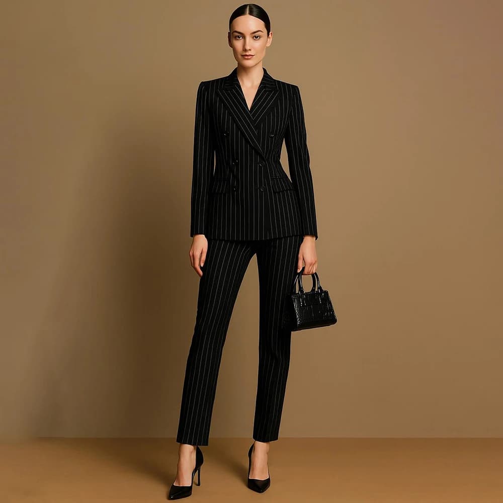 Completo da Donna a Due Pezzi con Righe Nere, Blazer Slim Fit a Doppio Petto con Risvolto a Punta, Giacca Personalizzata con Pantaloni