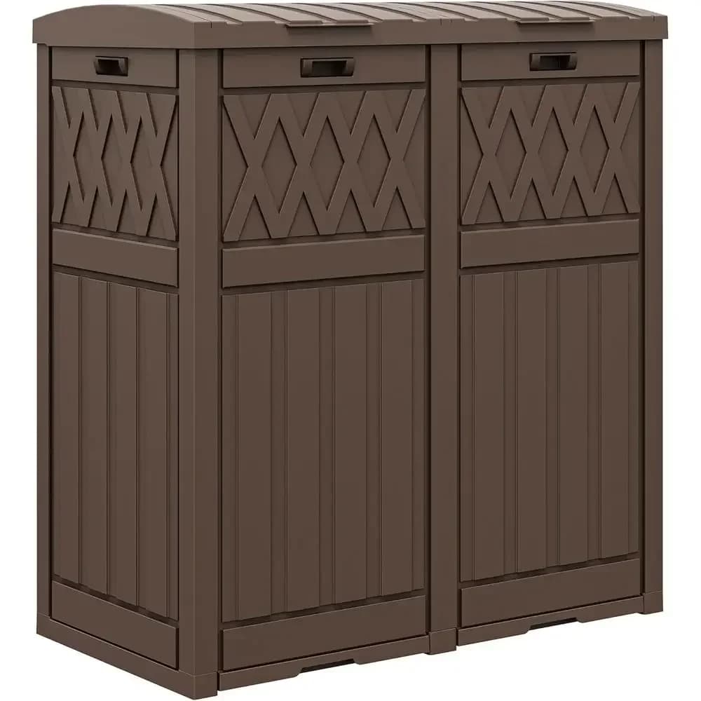 Bidone per Rifiuti da Esterno a Doppio Scomparto da 76 Galloni con Coperchio a Livelli, Vassoio Raccogligocce, Impermeabile per Patio, Cucina, Giardino (Marrone)