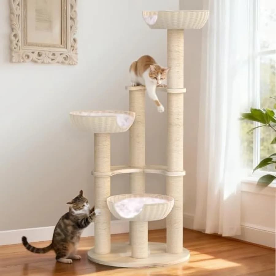 Albero per Gatti in Legno Massello da 53'' per Gatti di Taglia Grande, Tiragraffi in Sisal Naturale, Cesto in Rattan Intrecciato a Mano, Design di Lusso di Alta Gamma con Lavaggio Facile