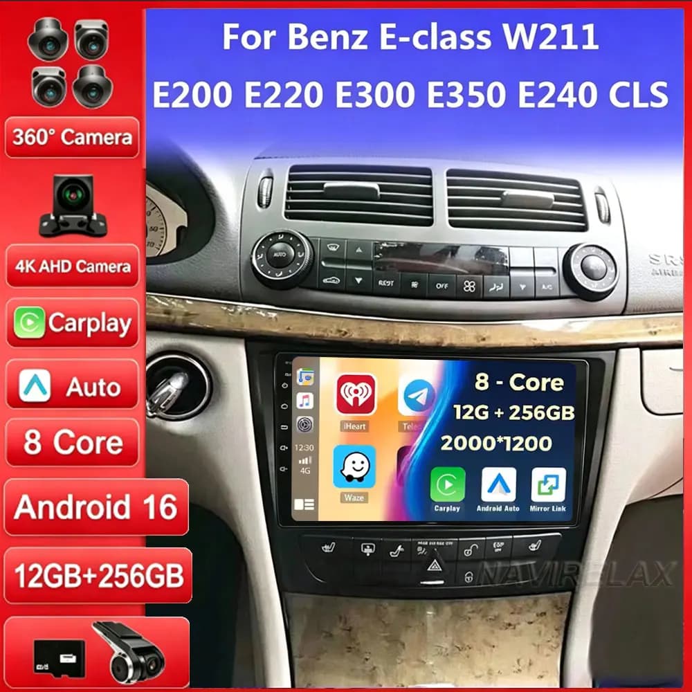 Android 16 Car Radio For Mercedes Benz E-class E Class W211 E200 CLS 2002-2010 Carplay Multimedia Player GPS 5G Wifi CPU Display