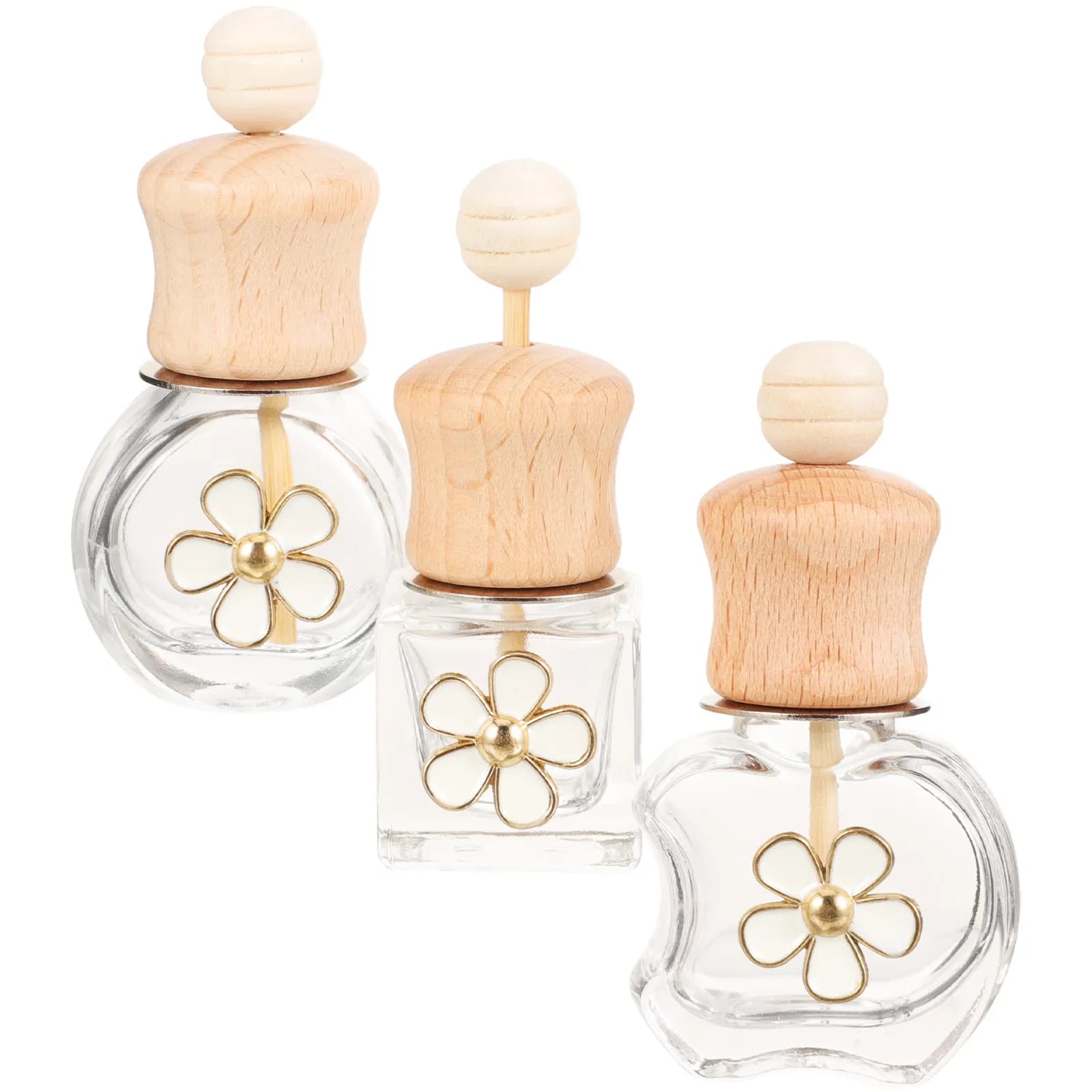 Set of 3 Reusable Auto Perfume Diffusers, Glass Bottles with Wood Design, Essential Oil Rechargeable Containers, Car Deodorant