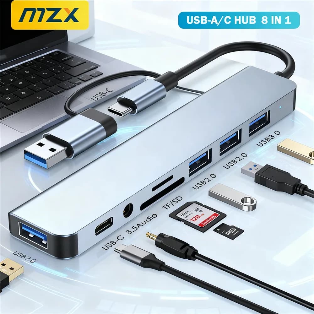 MZX Docking station USB hub AC 8 in 1 Type 3 0 Multi Concentrator Adapter SD card reader TF Dock multi-hub audio for laptop PC