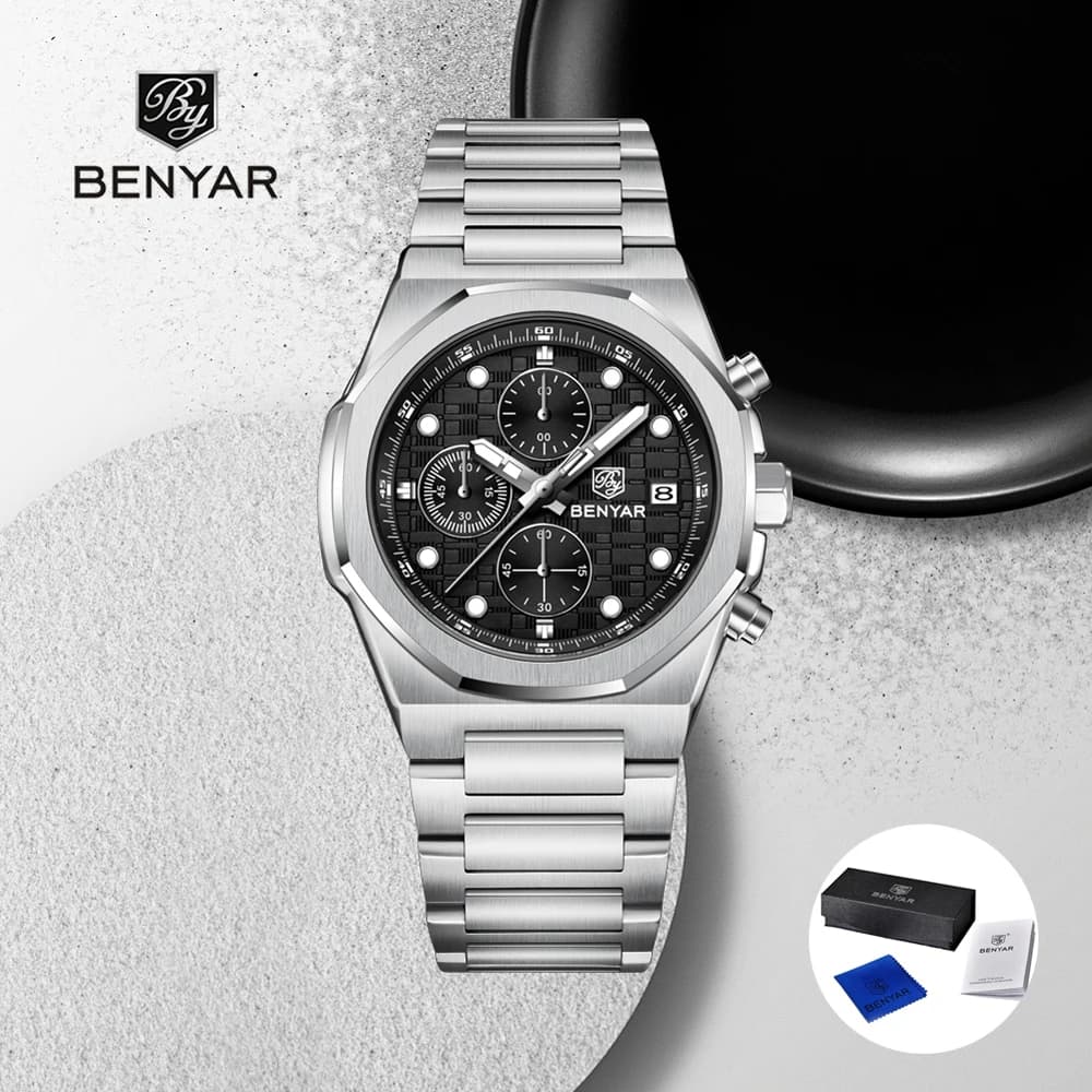 2025 New men's watches BENYAR Luxury quartz chronograph watch from the best brands for men Waterproof luminous stainless steel gift packaging