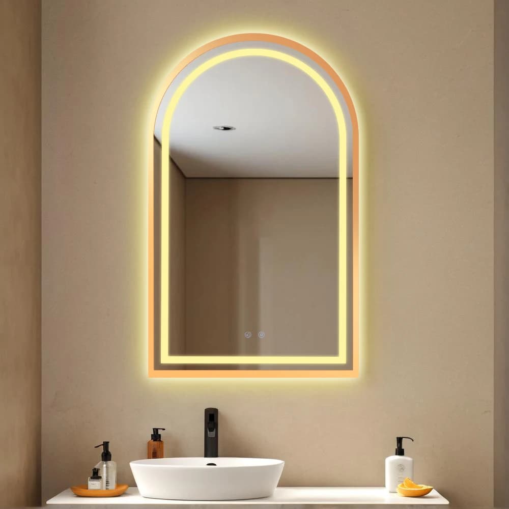 Specchio da Bagno LED Dorato ad Arco, Antiappannamento, con Controllo Touch, Montaggio a Parete, Specchio per Vanità con Luci