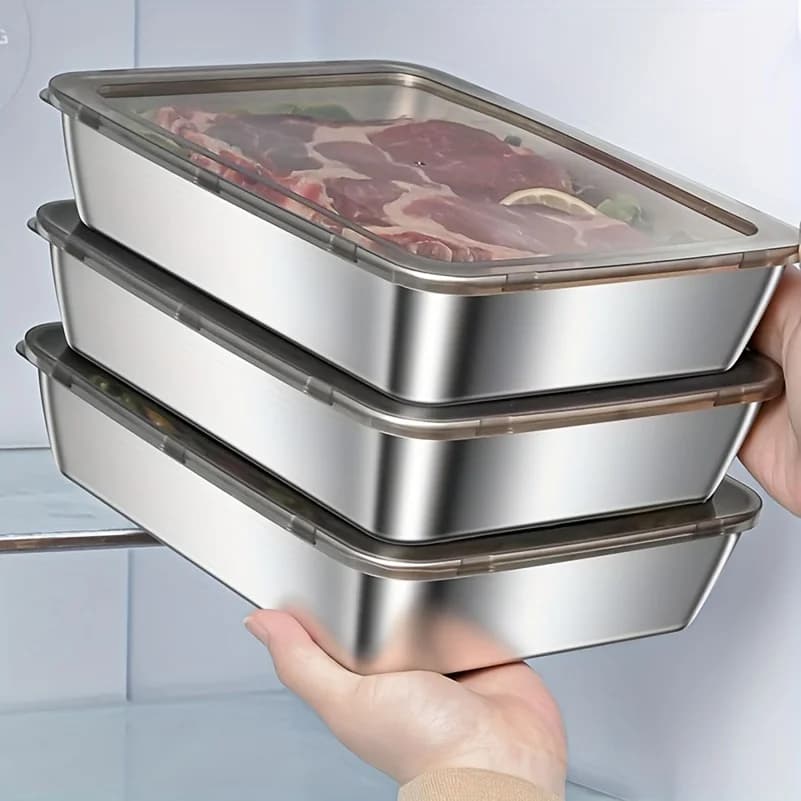 Contenitore per Alimenti in Acciaio Inossidabile, Vassoio Rettangolare con Coperchio, Porta Noodles e Frutta, Lunch Box, Piatto Organizer Spesso per Frigorifero