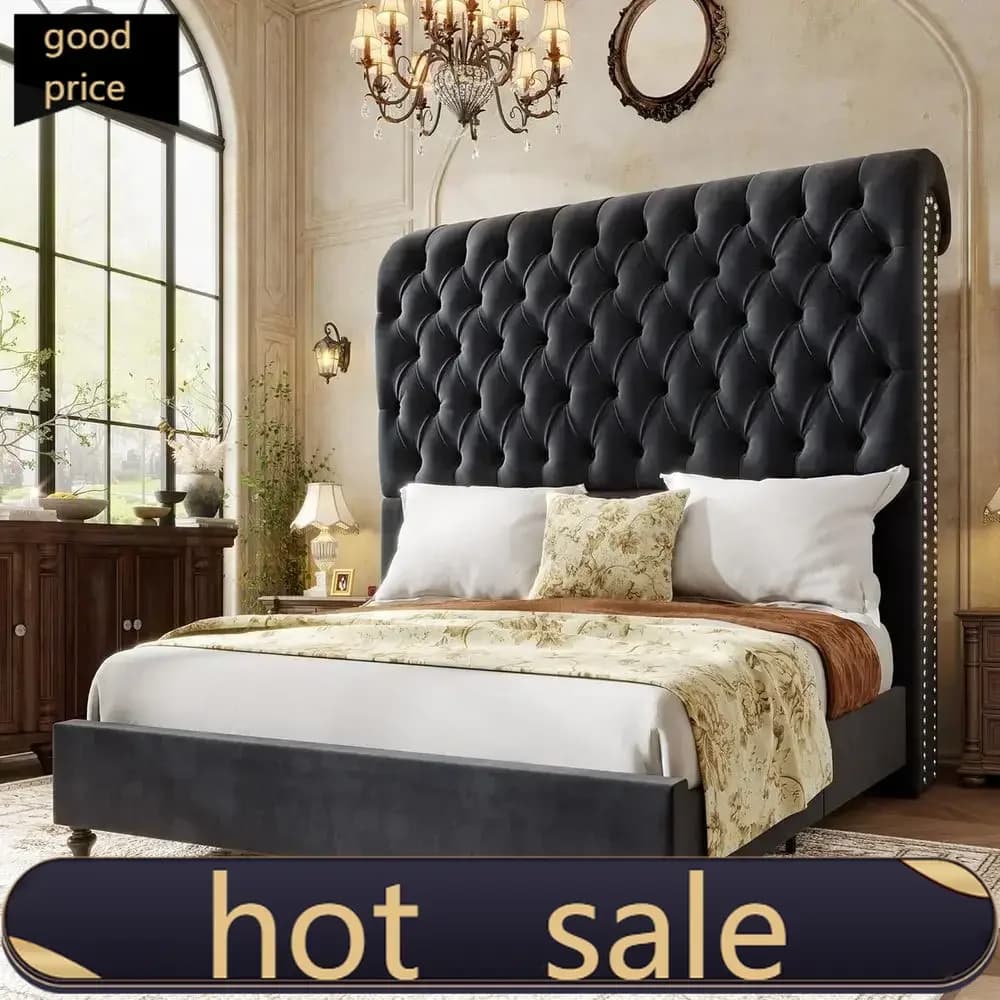 Letto matrimoniale in velluto Queen Size con testiera imbottita alta 59 pollici, design con bottoni profondi, gambe in legno massello, senza base a doghe - Prezzo promozionale