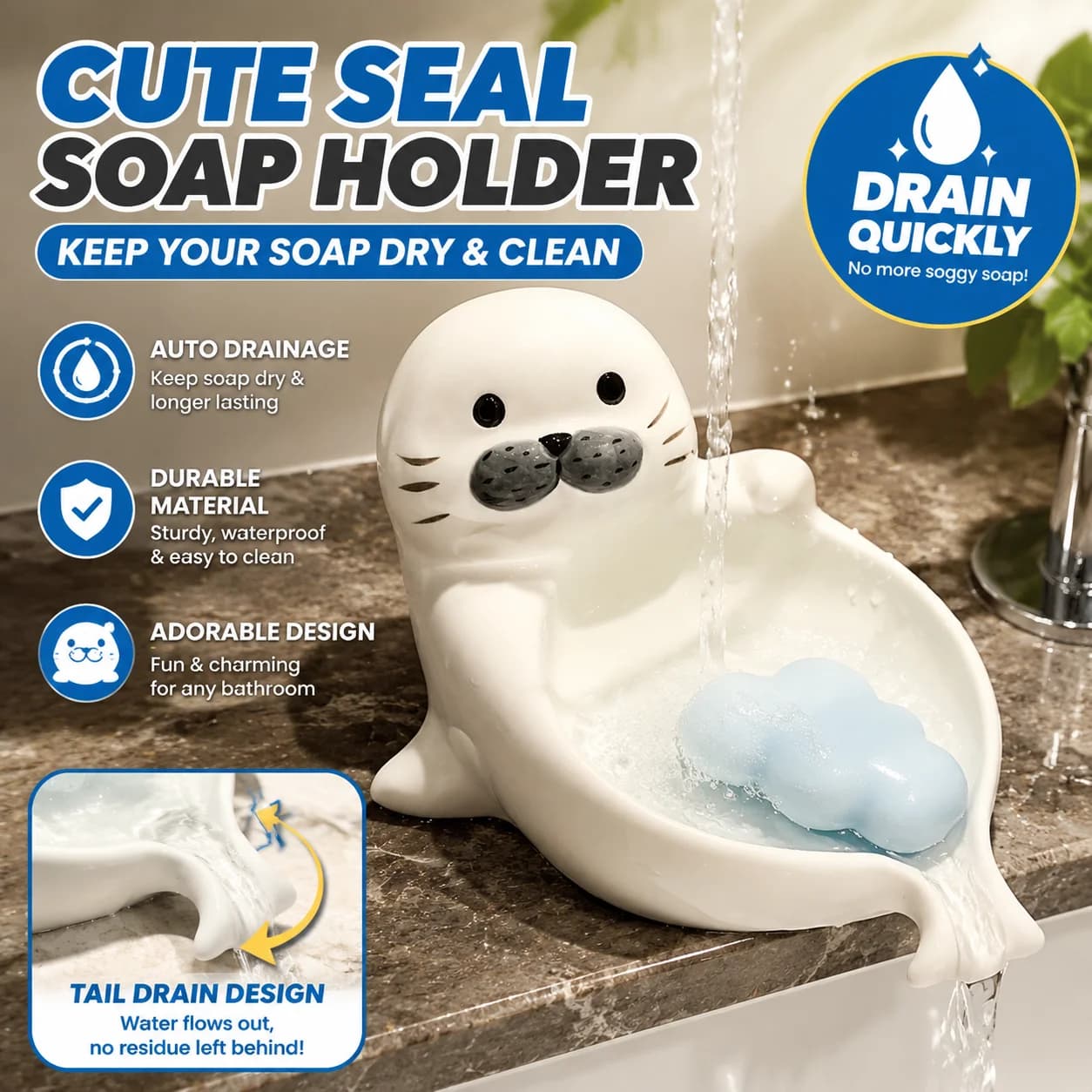 Cute cartoon seal ceramic soap box for draining water, household bathroom soap storage rack, bathroom soap storage box