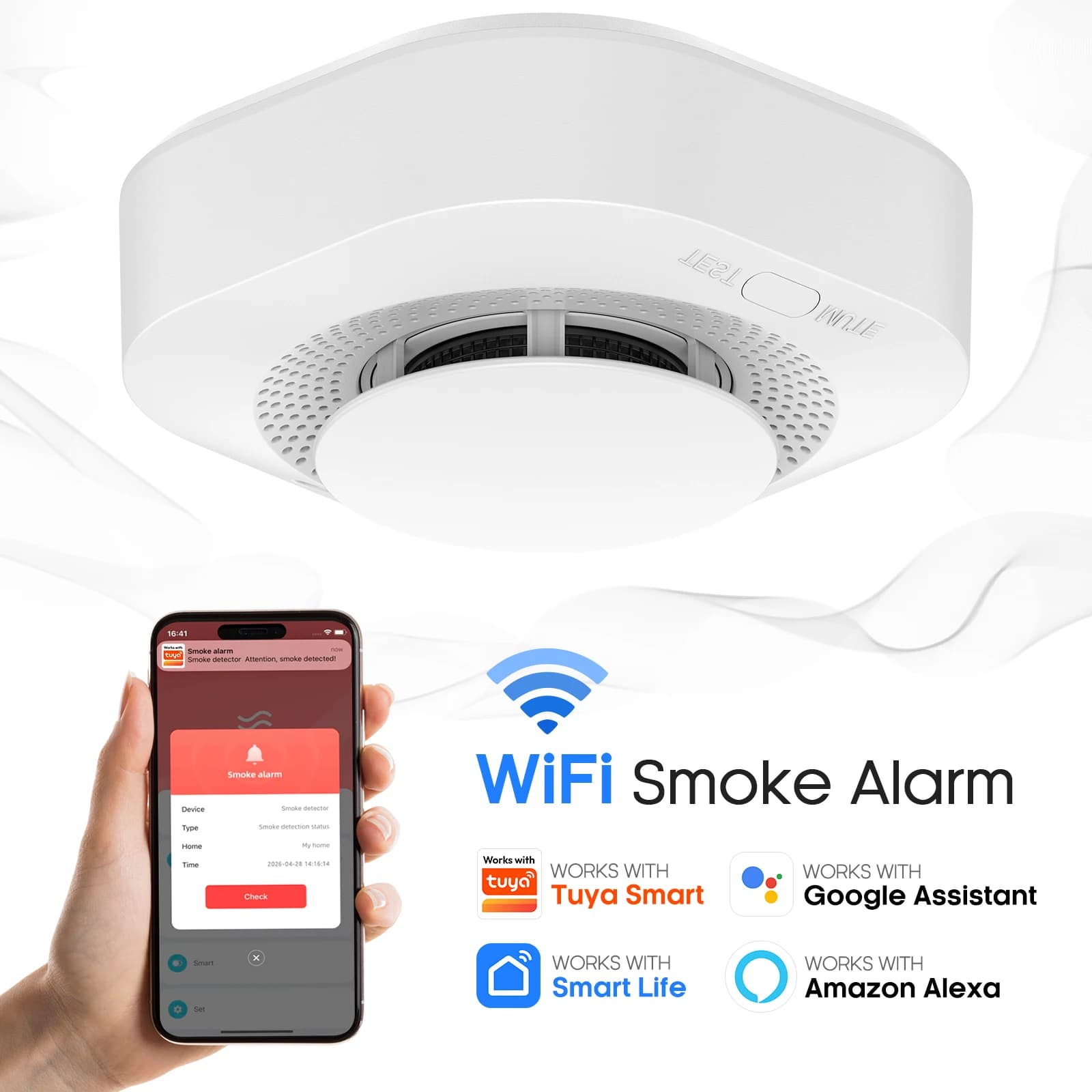 Rilevatore di fumo WiFi Tuya con allarme sonoro da 90 dB, notifiche push tramite app e sensore per la sicurezza domestica, industriale e alberghiera.