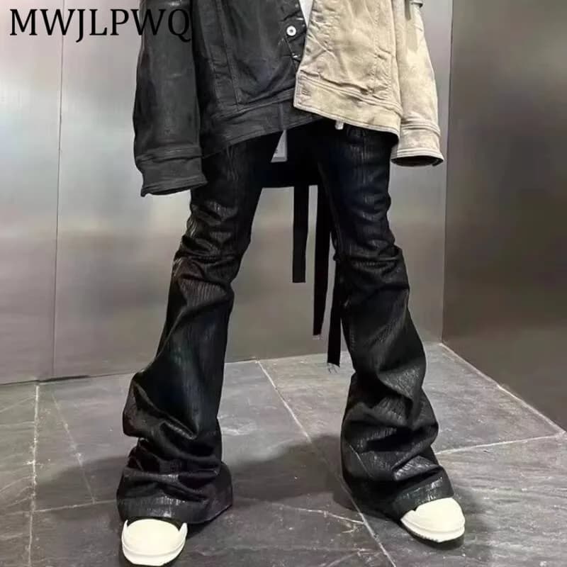 MWJLPWQ Jeans leggermente svasati in ecopelle rivestita di nicchia da uomo stile americano High Street nuovi pantaloni larghi a gamba larga alla moda 20947