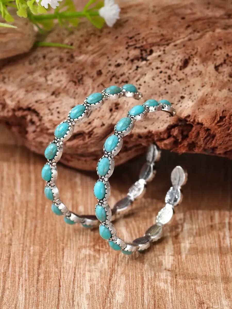 Turquoise Decor Open Hoop Earrings Stylish Lightweight Jewelry for Everyday Wear
