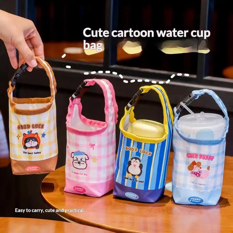 Cartoon Water Bottle Carrier Bag Adjustable Buckle Baby Stroller Bottle Cup Holder Universal Daily Use School Outdoor Trips