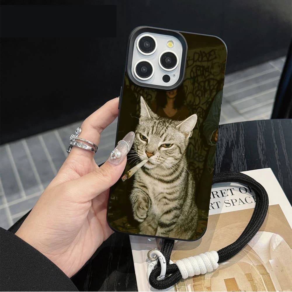 Smoking Kitten Strap Rope Phone Case For iPhone 17 16 15 14 13 12 Pro Max 16 15 14Plus 17 16 15 Pro 17Air Silicone Matte Cover