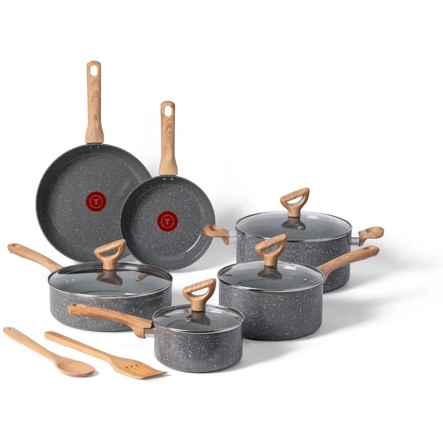 Revive Set of pots and pans Ceramics Set of pots and non-stick pans 12 pieces Ceramic non-stick pans Safe oven up to 350F Grey