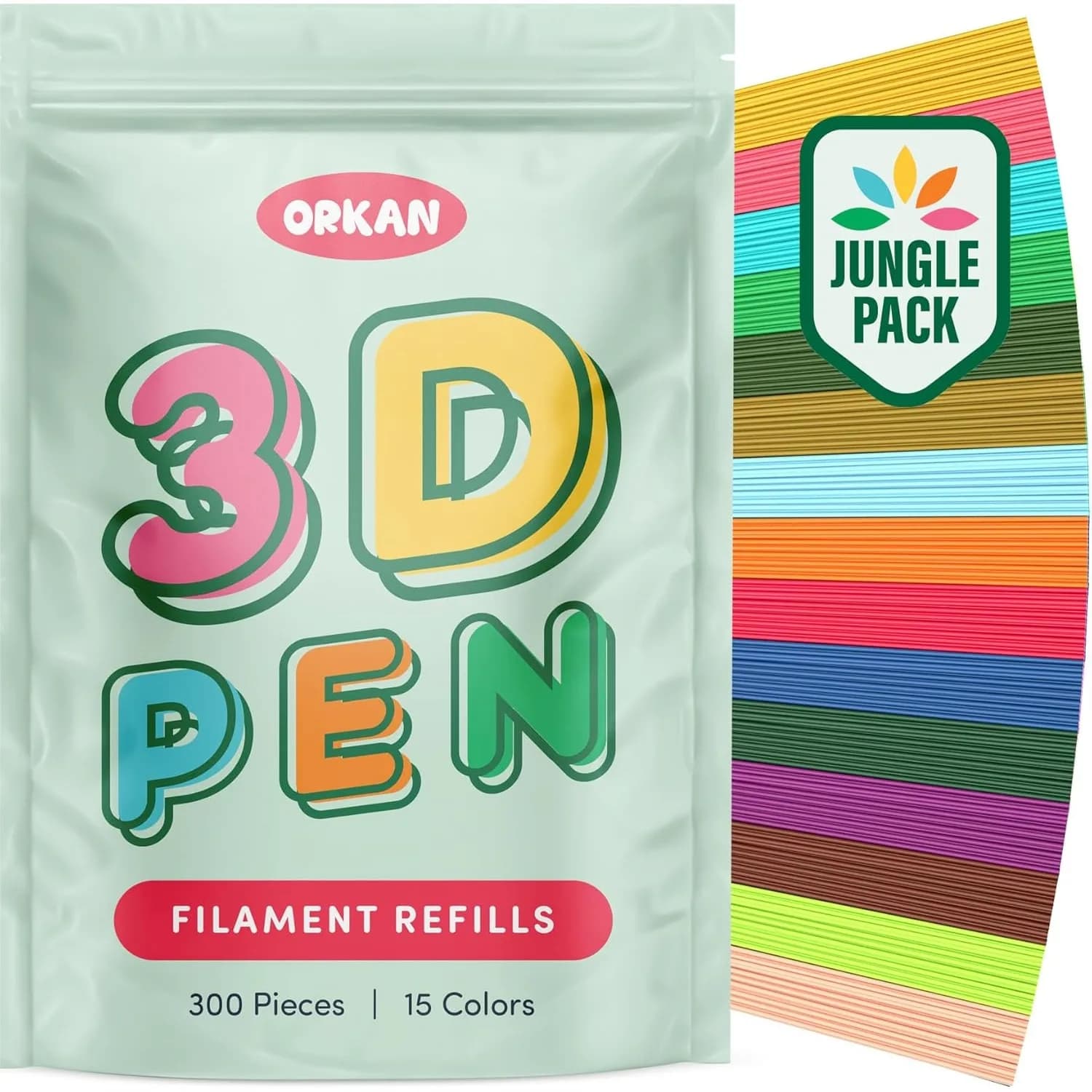 300 Ricariche di Filamento per Penna 3D PCL, 15 Colori Giungla, Fili da 6 Pollici x 2,5mm per Bambini