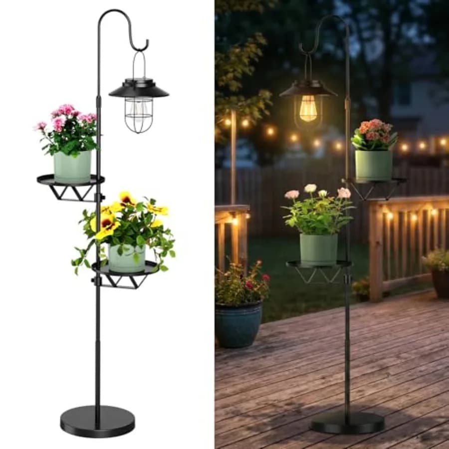 60.62'' Shepherd's Hook Stand Plant with Solar Lantern Outdoor Floor Lamp Wind Chime Hanger Stand Waterproof Metal Adjustable H