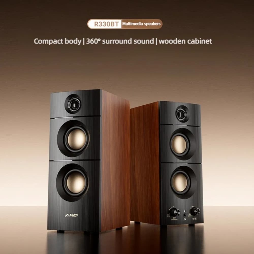 R330BT Active 2.0 Desktop Bluetooth Speaker Set, Wooden Monitor Stereo Audio, Support Bluetooth AUX USB Home HiFi Sound System