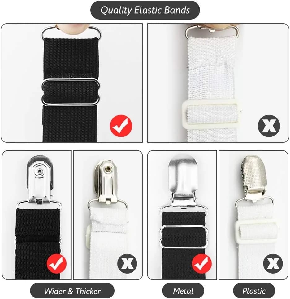Bed Sheet Fasteners – Adjustable Elastic Mattress Suspenders & Corner Straps, Bed Sheet Gripper Clips for Fitted Sheets, Mattress Covers & Pads, Triangle Black Set of 4