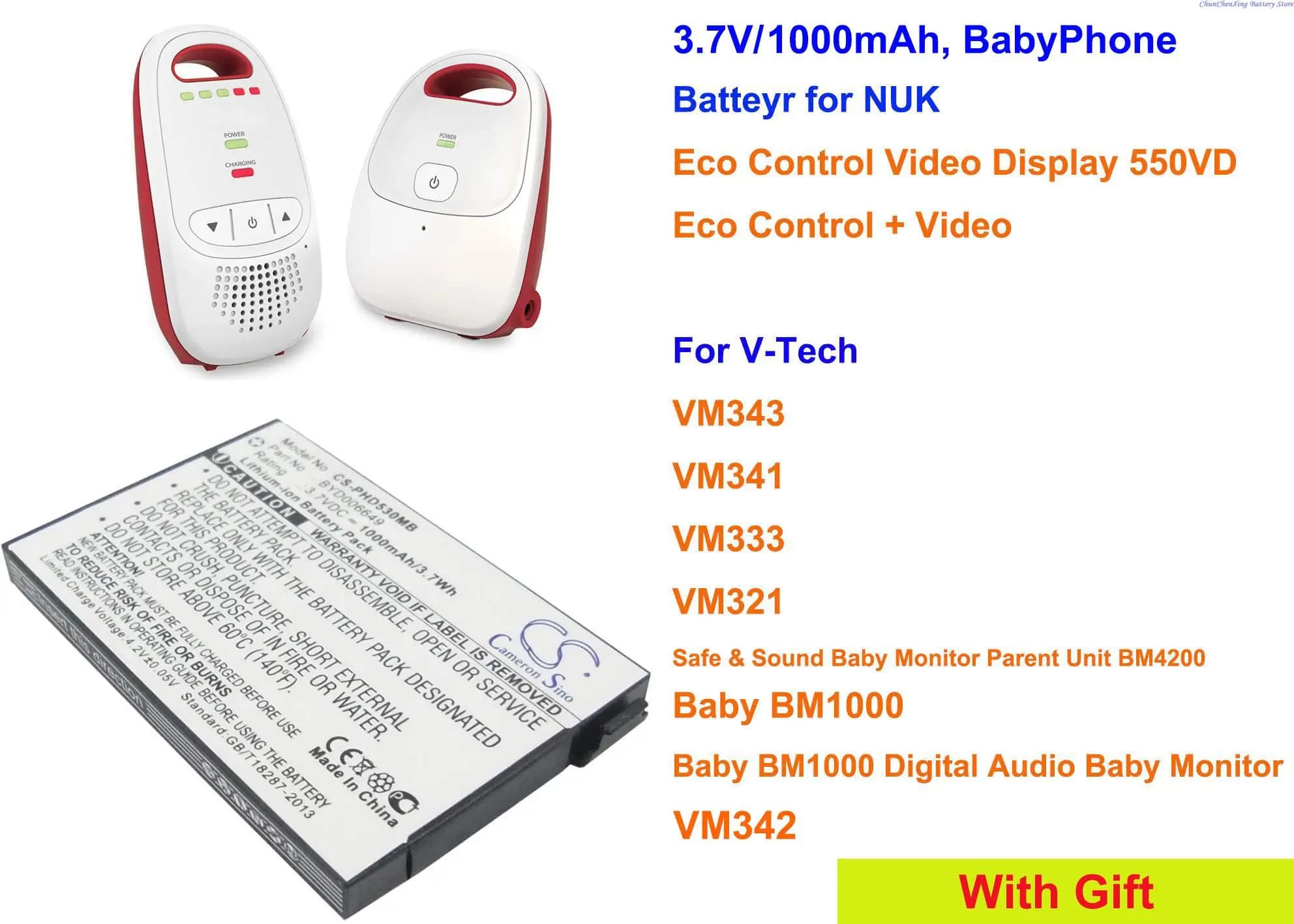 Batteria Cameron Sino 1000mAh BT298555 per V-Tech Baby BM1000, Baby Monitor sicuro e sonoro Pare, VM321, VM333, VM341, VM343, VM342