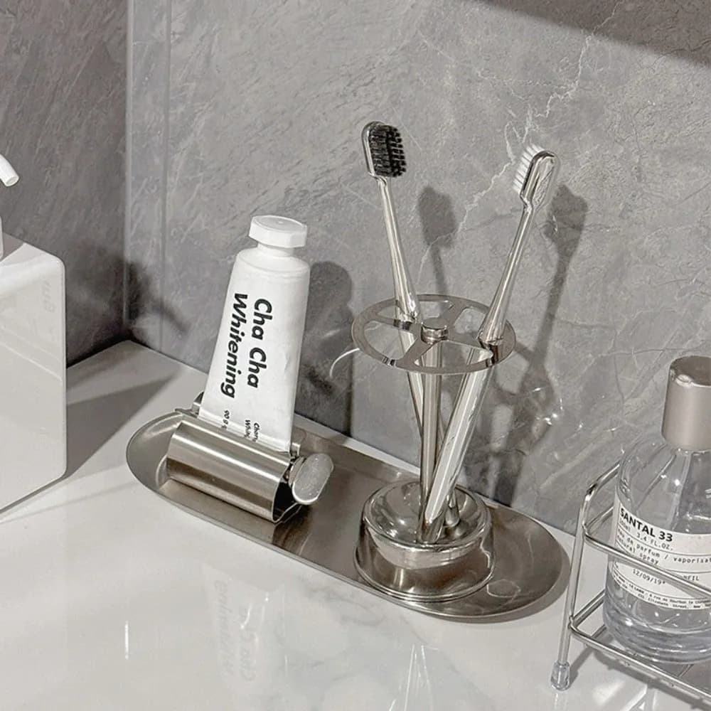 3pcs/Set Stainless Steel Toothbrush Holder Rustproof Space Saving Toothpaste Rack Multi-Functional Bathroom Storage Shelf