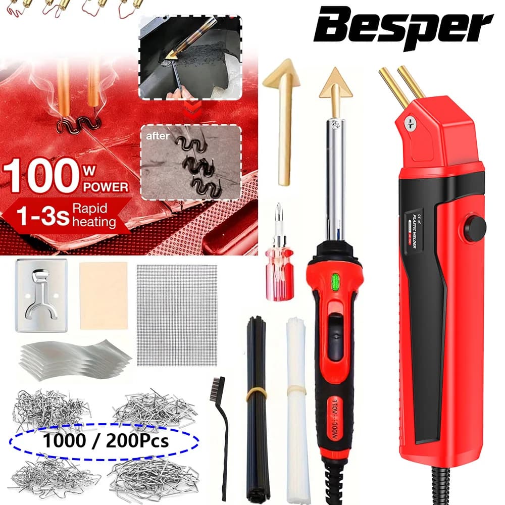 Kit di saldatura in plastica da 100 W, punti metallici a caldo, taglierina assistiva per la riparazione di crepe in plastica, riparazione del paraurti dell'auto, riparazione della plastica del serbatoio del gas