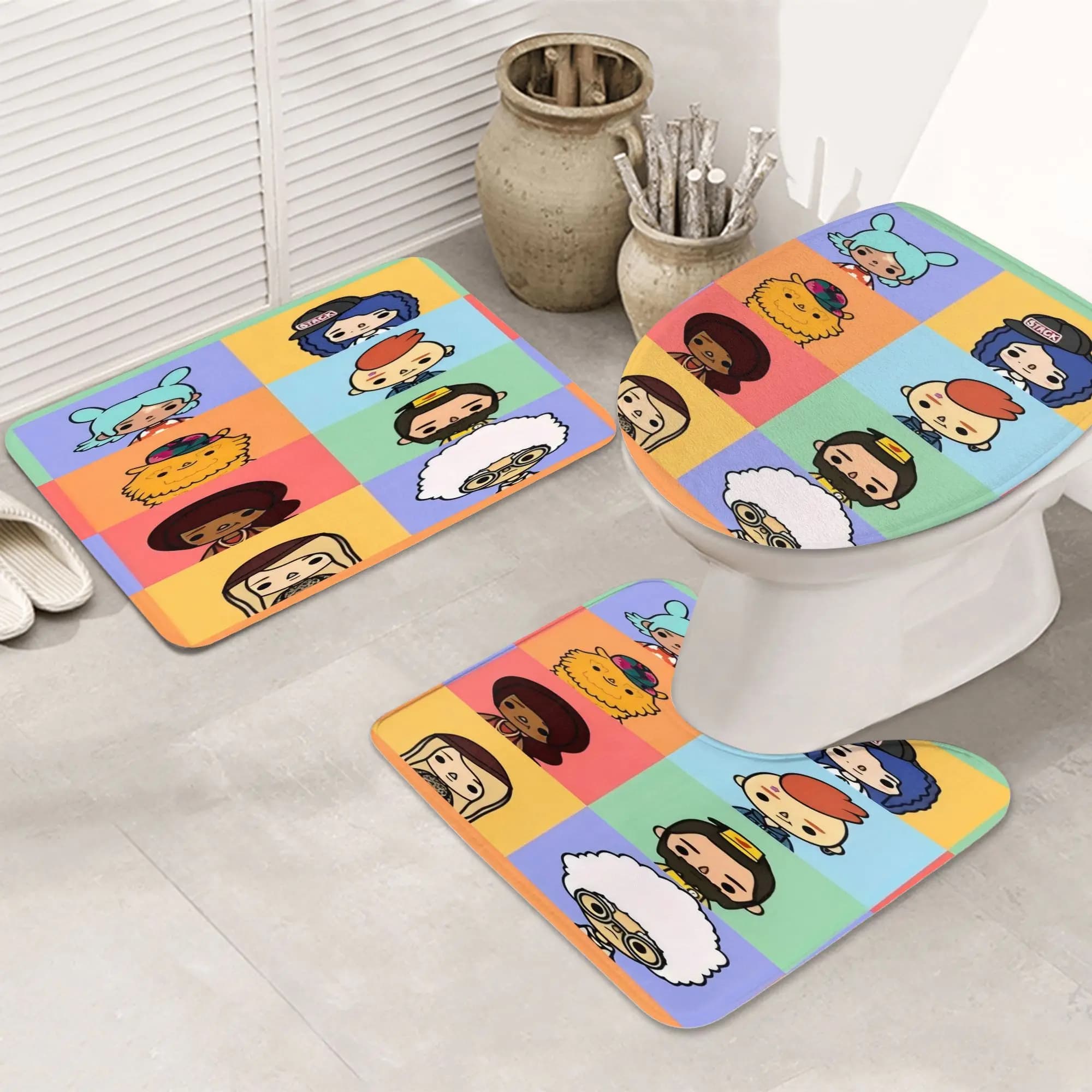 Set da Bagno Stampato {designName} 3 Pezzi, Include Tappetino Assorbente, Copriwater e Tappetino a U per WC, Realizzato in Fa