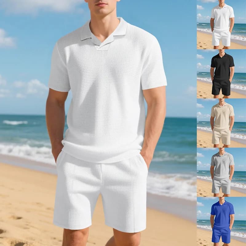Men Waffle Knit Notch V Collar Short Sleeve Polo Shirt & Drawstring Shorts 2 Piece Beach Outfit Set