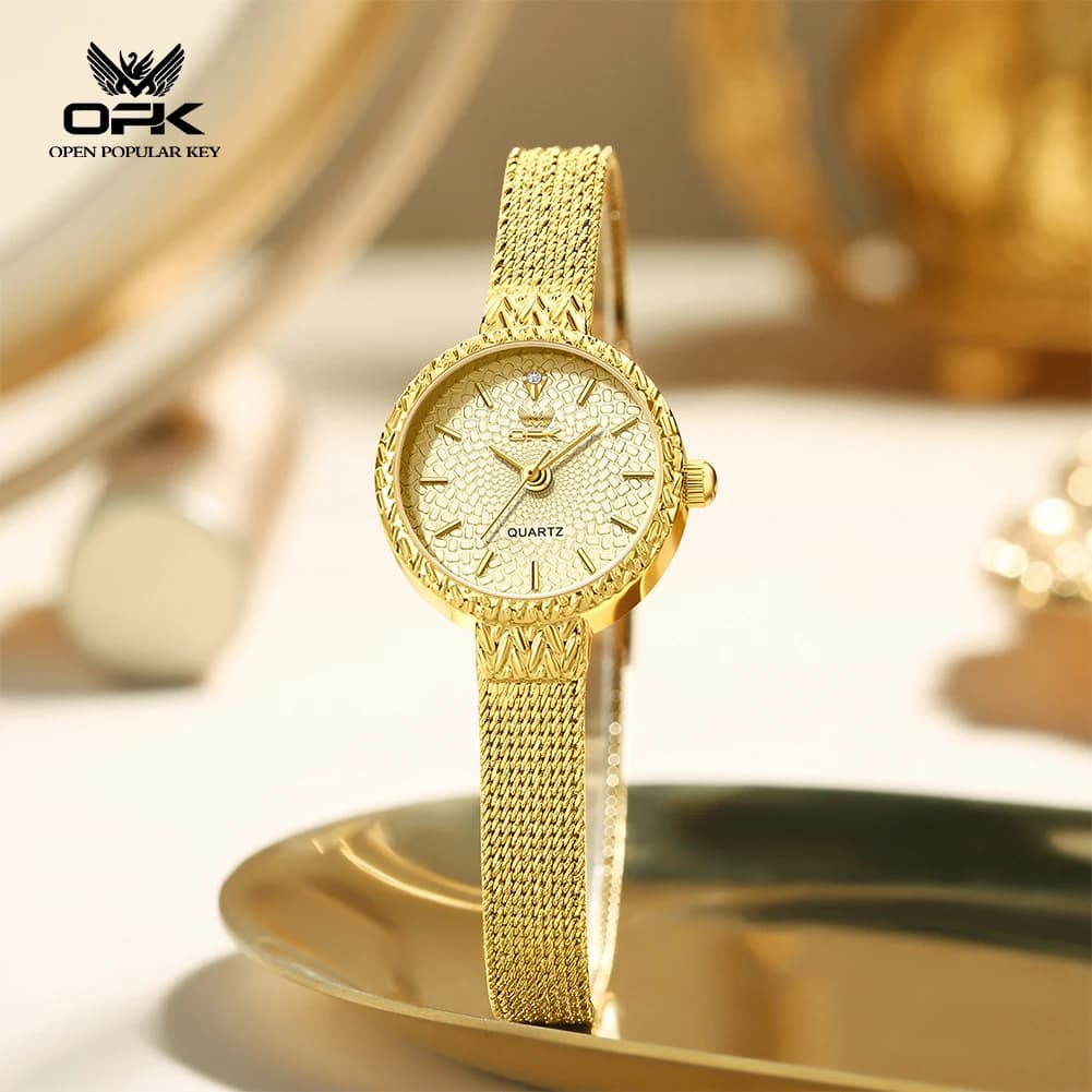 OPK 6086 Elegance Women's Watch with Original Quartz Movement, Mini Round Watch with Aolly Embossed Net Strap, Waterproof up to 30m