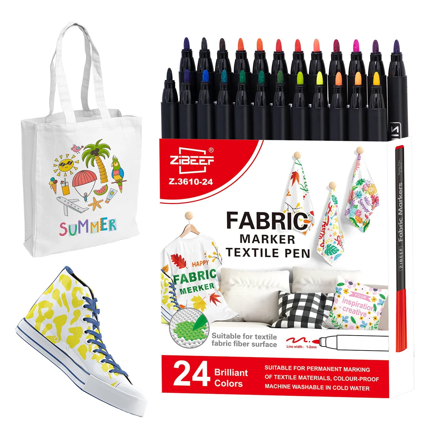 24 Colours Fabric Marker Set Fine Tip Fabric Paint Marker for Clothes Textiles T-Shirts Fabric Bags Hats DIY Crafts Clothing