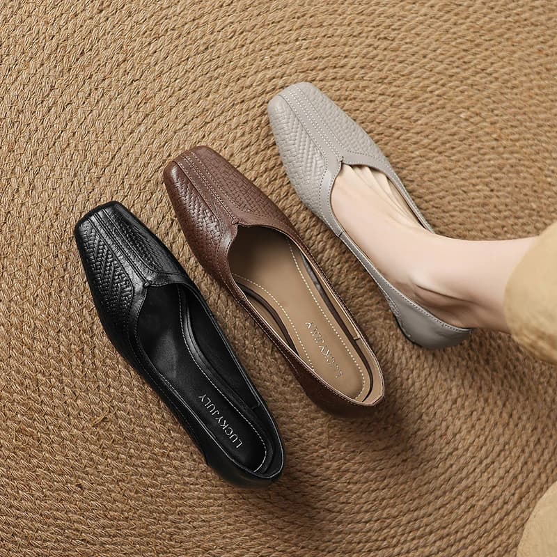 2026 new spring summer women pumps natural leather 22-25.5cm Embossed sheepskin square toe thick heel loafers women shoes