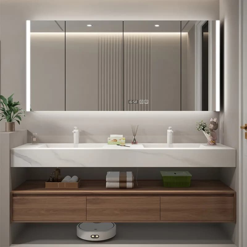 Mobile Bagno Integrato con Doppio Lavabo, Combinazione di Mobile Principale in Legno Massello con Armadietto a Specchio Intelligente