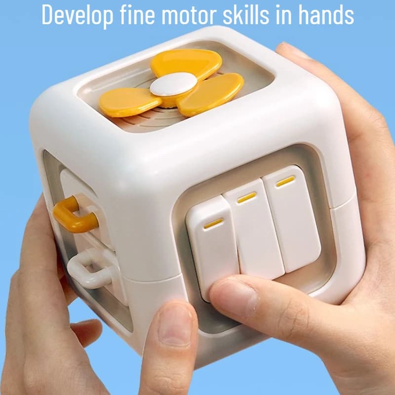 Cubo di Attività per l'Educazione Precoce, Giocattolo Sensoriale 6-in-1 per Bambini, con Pulsanti, Cassetto a Scomparsa e Giochi Educativi