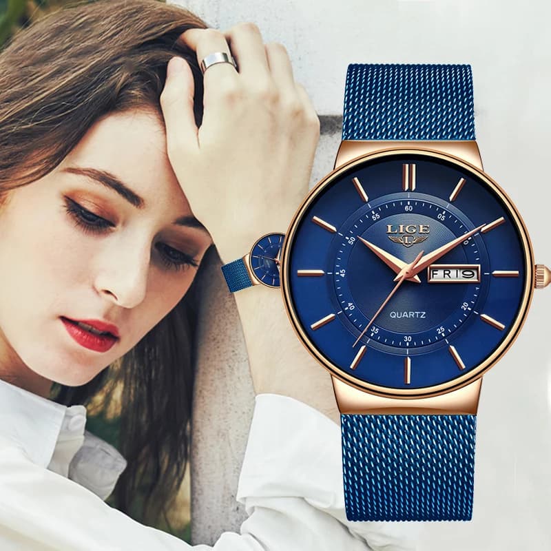 Orologi da Donna LIGE, Marca di Lusso, Quadrante con Data e Giorno, Bracciale, Orologio da Polso Femminile Impermeabile al Quarzo, Relogios Feminino