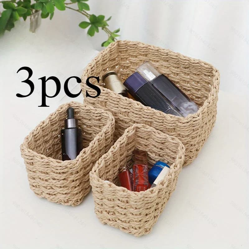 Set di 3 Cesti Portaoggetti Intrecciati | Cestini Organizzatori in Carta Riciclata Fatti a Mano, Contenitori Multiuso Impilabili - Cesti Artigianali