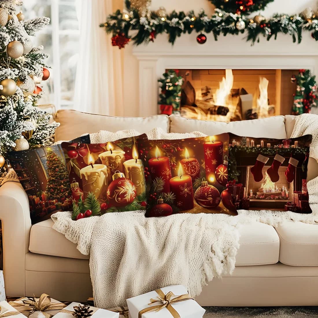 4 pieces of covers with print on one side with Christmas trees and candles, suitable for living room, bedroom, car decorations
