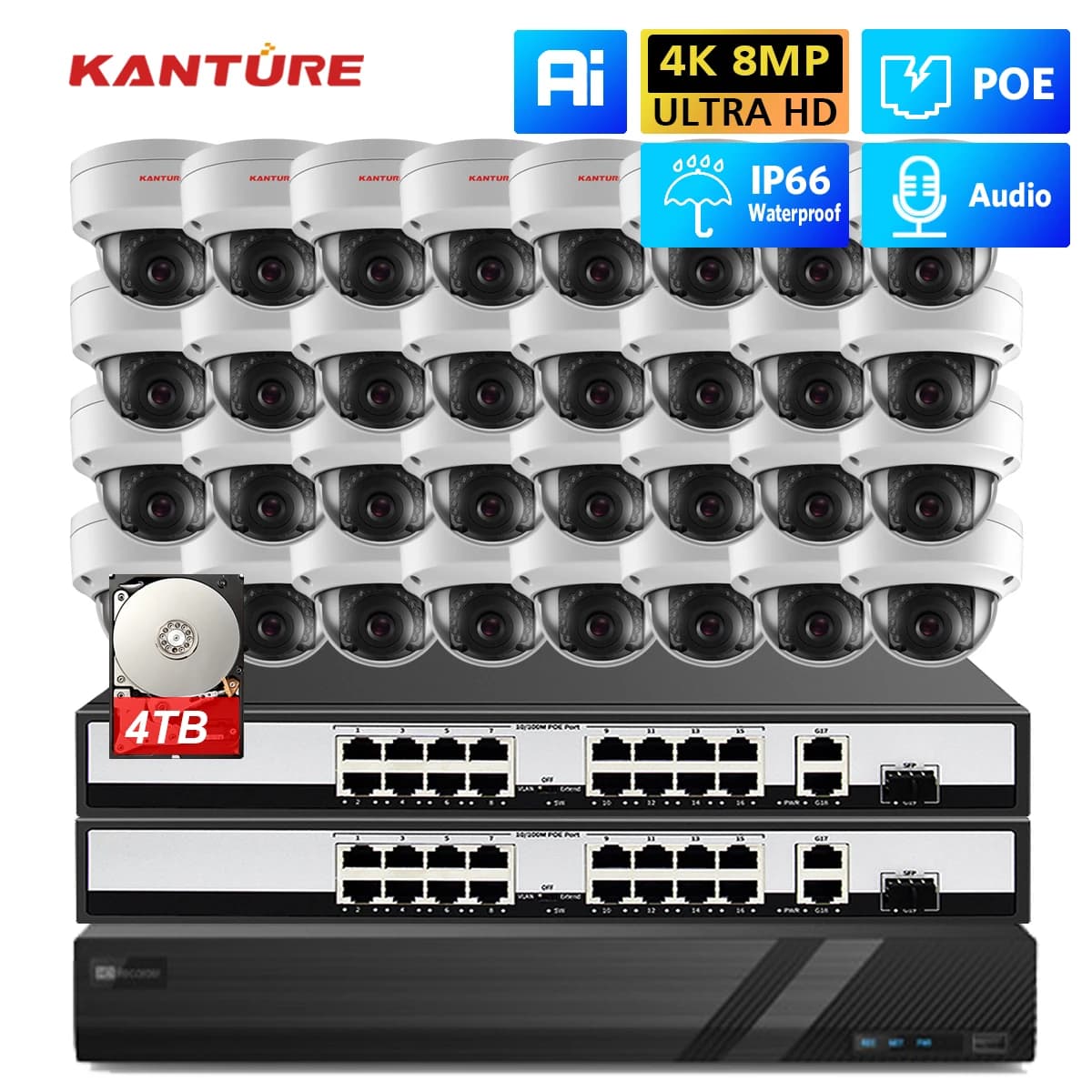 KANTURE H.265 32CH 4K NVR HD Kit 8MP POE Security Camera System Indoor Outdoor 4K Audio Antivandalo CCTV Video surveillance Set
