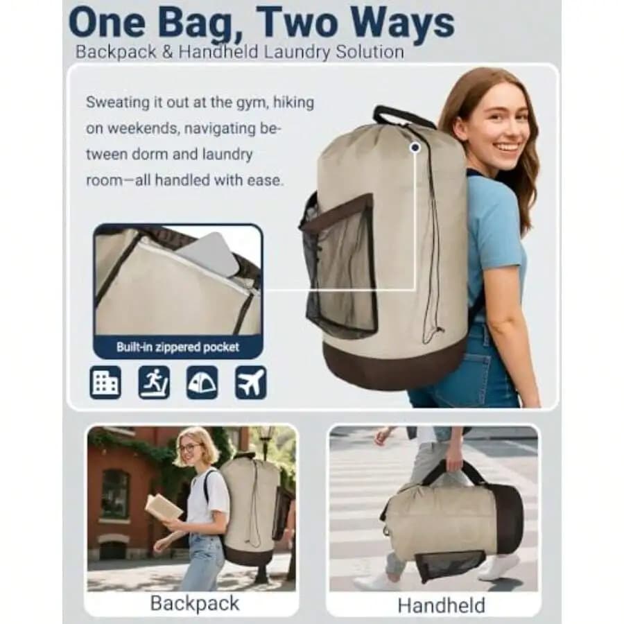 Laundry Bag With Shoulder Straps And Mesh Pocket Laundry Backpack Large Portable Laundry Hamper For College Laundromat Apartment