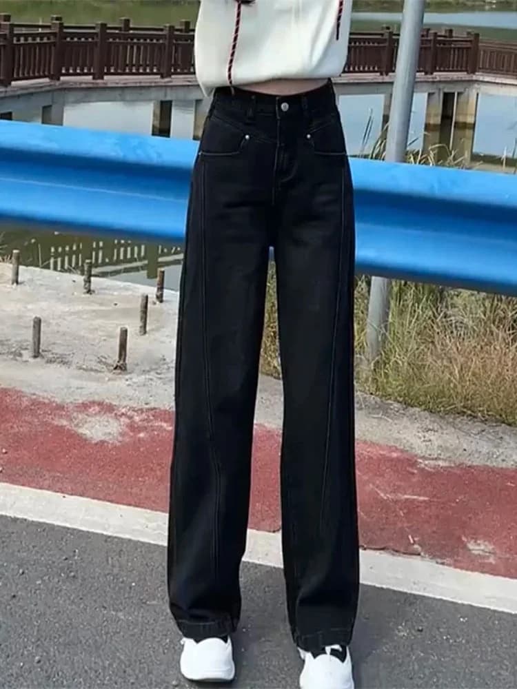 Jeans Skinny a Gamba Dritta Neri Felpati Taglie Forti da Donna, Nuovo Stile Inverno 2024, Pantaloni a Vita Alta Modellanti a Gamba Larga