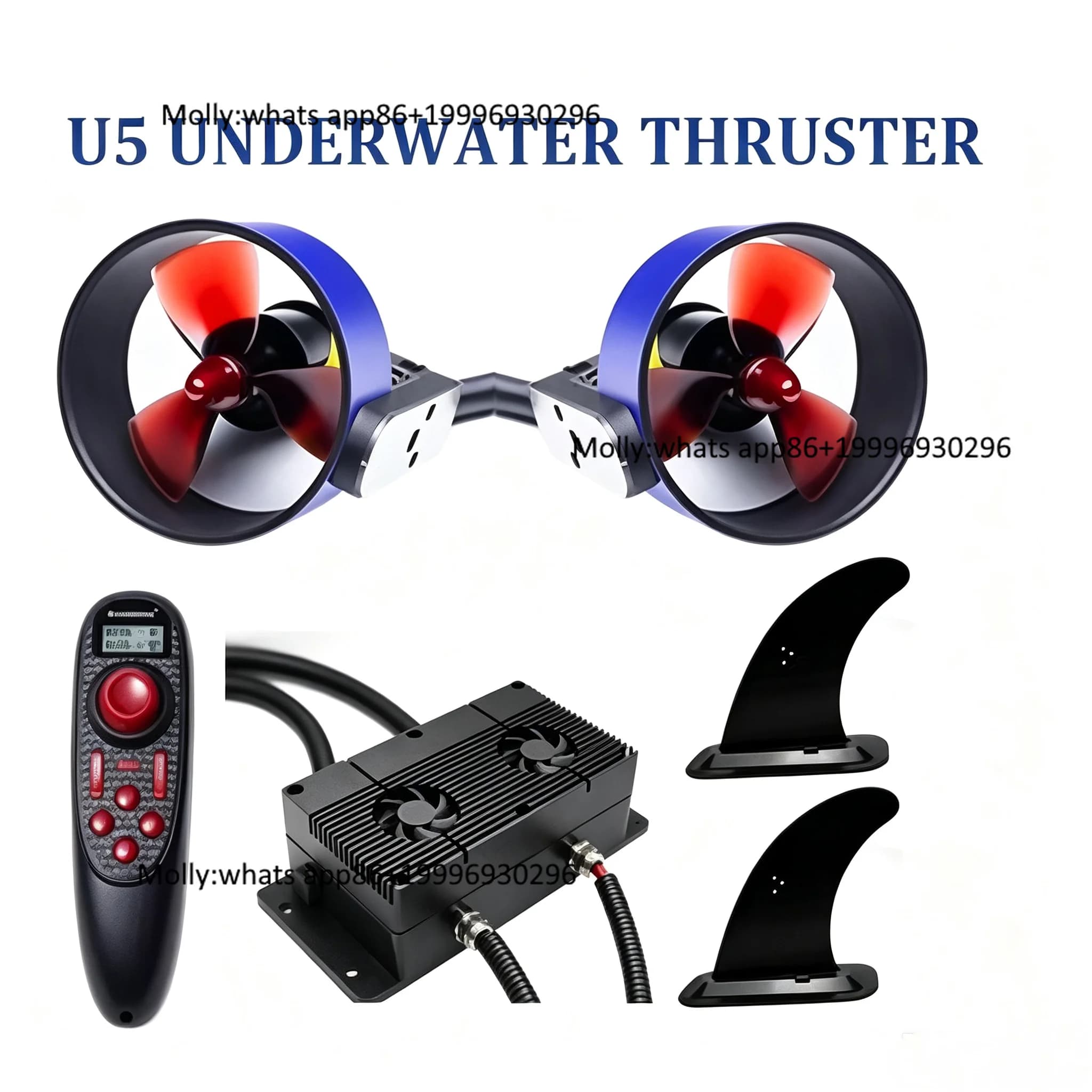 U5 Dual Underwater Thrusters with Fin Bases 14kg Thrust 24V Propeller for Underwater Drones Belly Boat Paddle Board Kayak Craft