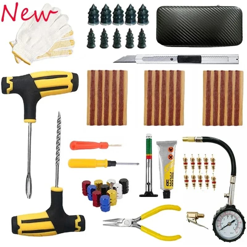 Tyre Repair Kit for Car Motorcycle SUV, Reamer Plugger with Rubber Strips, Screw Plugs, Gloves, Pressure Gauge and Case