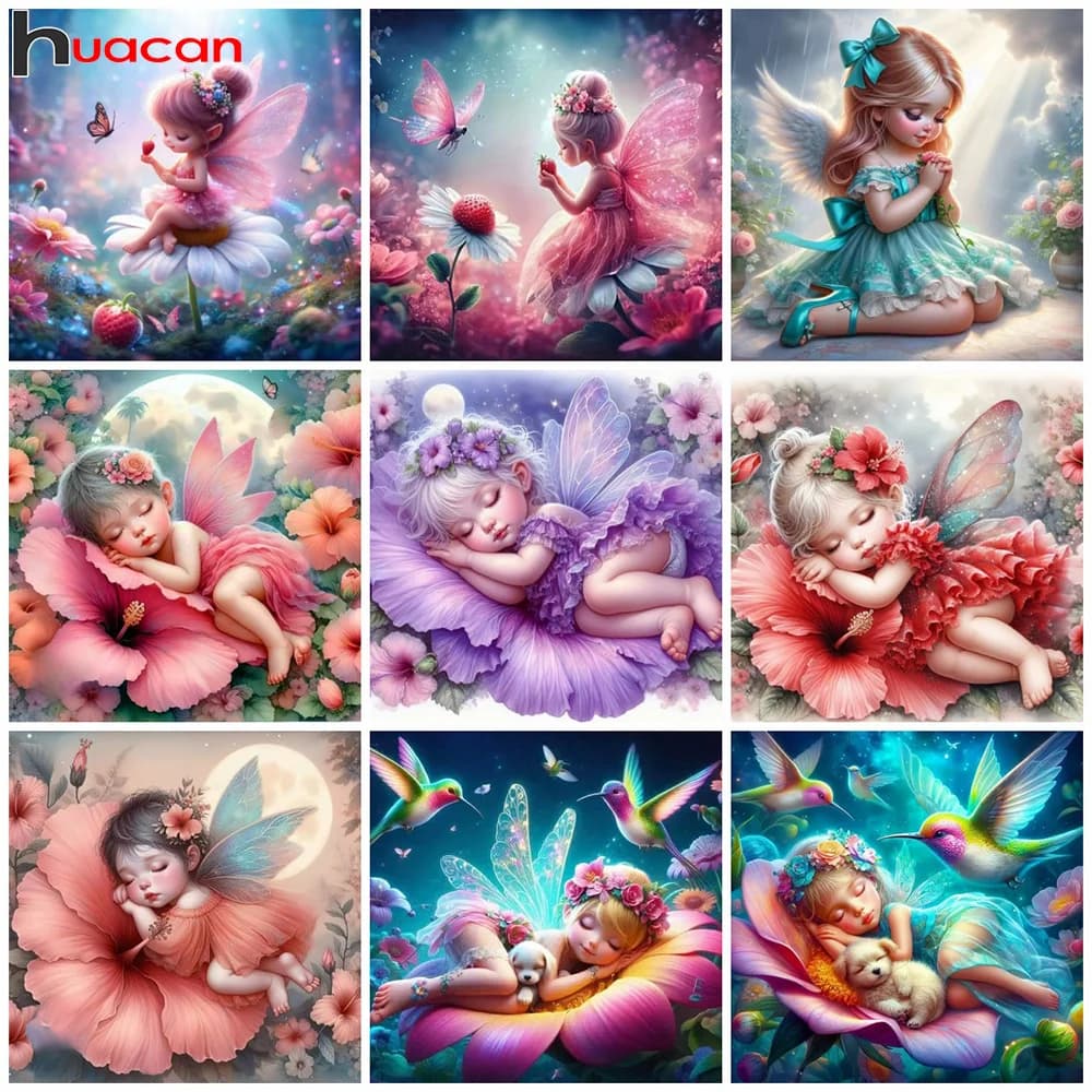 Huacan 5d Diamond Painting Portrait Girl Full Embroidery Fairy Rhinestone Pictures Diy Embroidery Flower New Kit Home Decoration